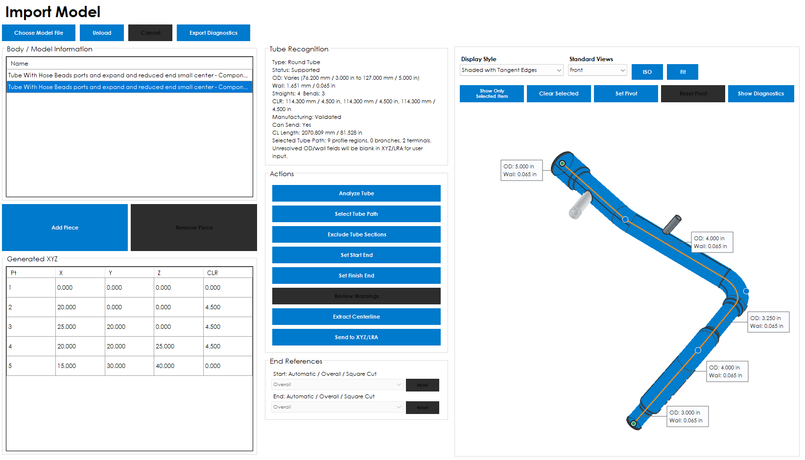 BS Tube Import Model interface showing recognized tube geometry, generated XYZ, and a centerline preview