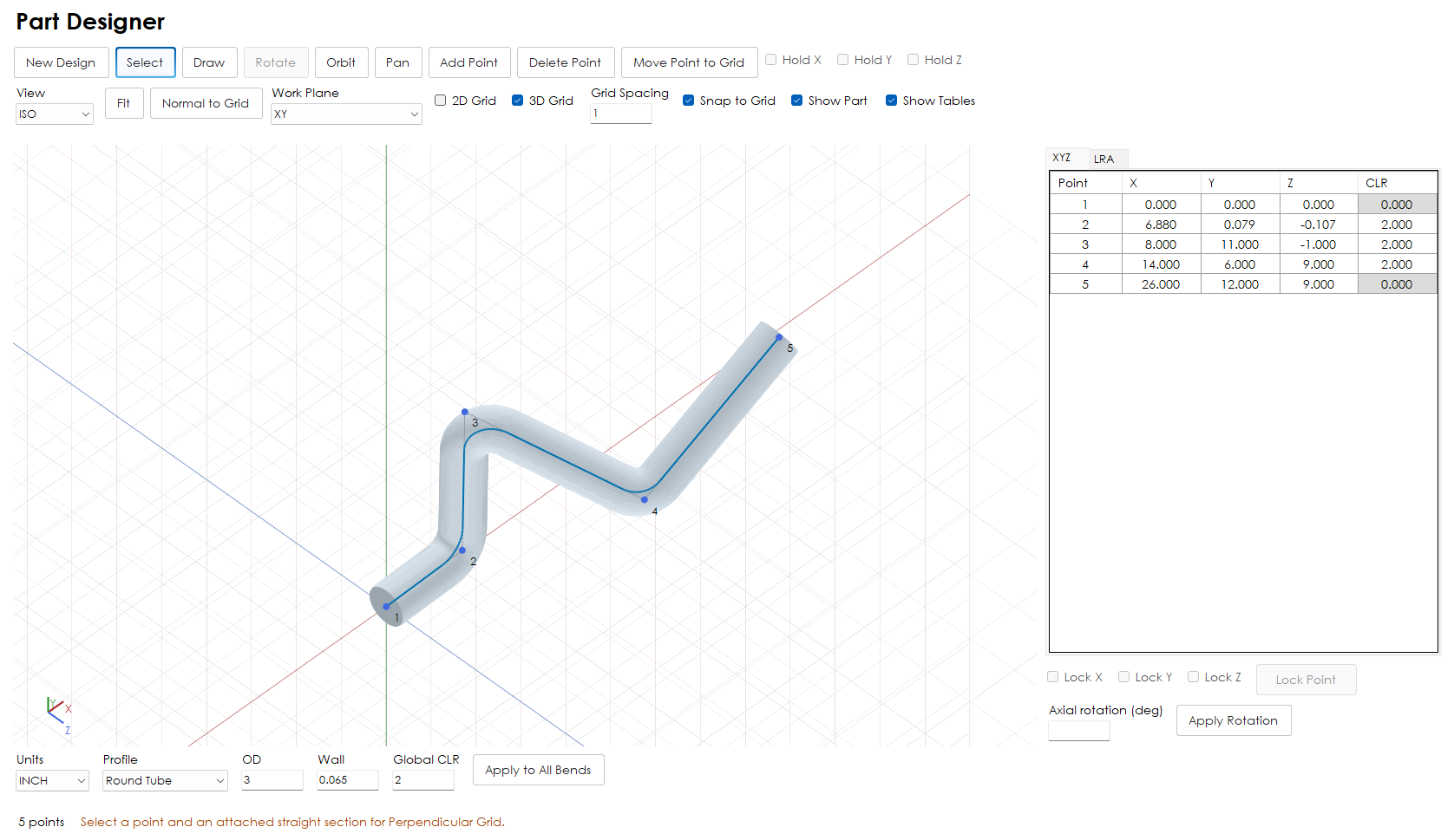 BS Tube Part Designer with a 3D grid, tube preview, shared XYZ/LRA tables, and point-lock controls