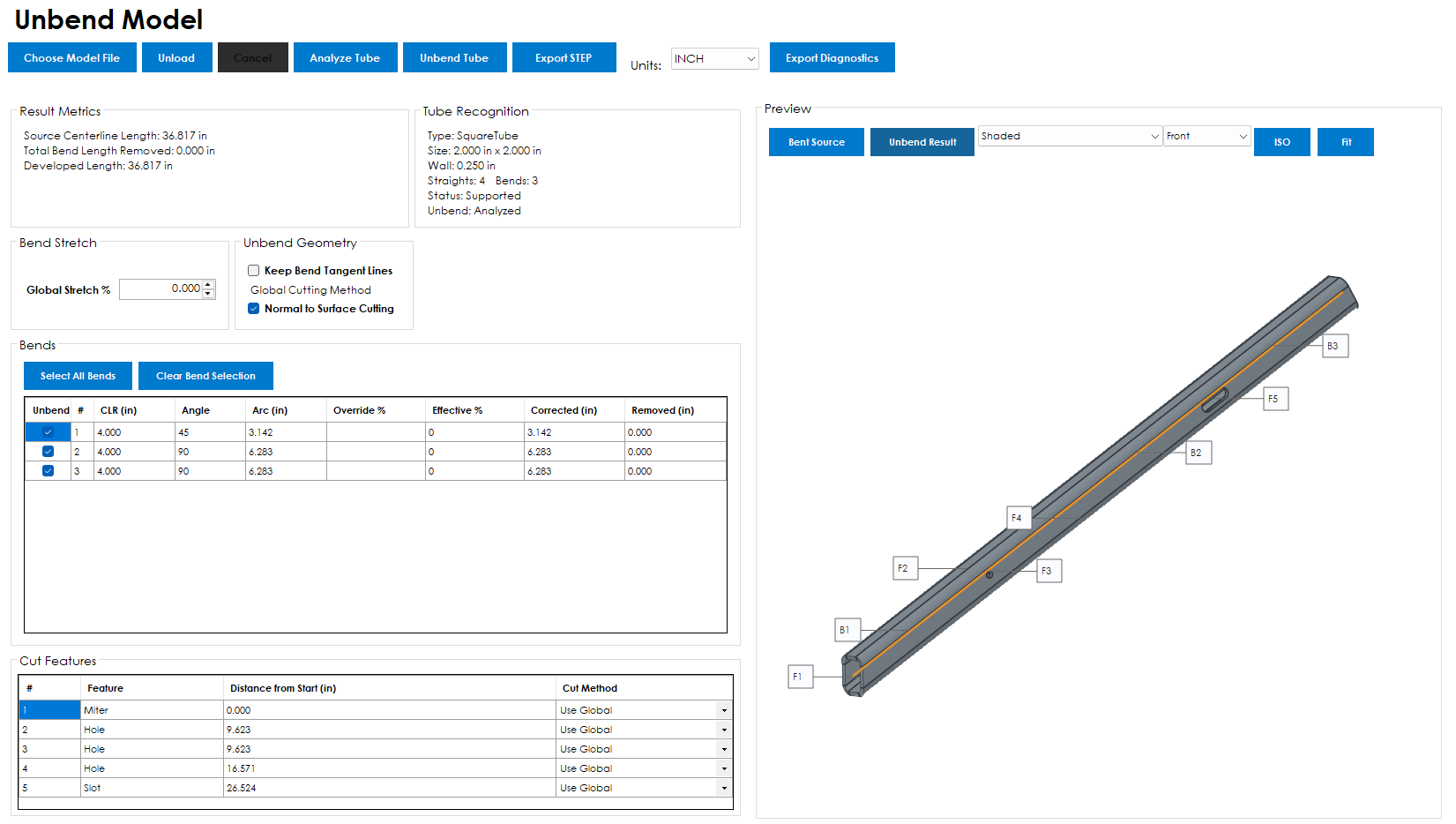 BS Tube Unbend Model interface showing bend settings, cut features, and an unbent square-tube preview