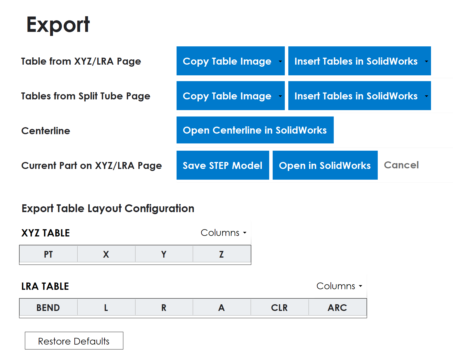 BS Tube Export page: XYZ/LRA tables, Split Tube tables, Centerline, Current Part, and compact table layout controls