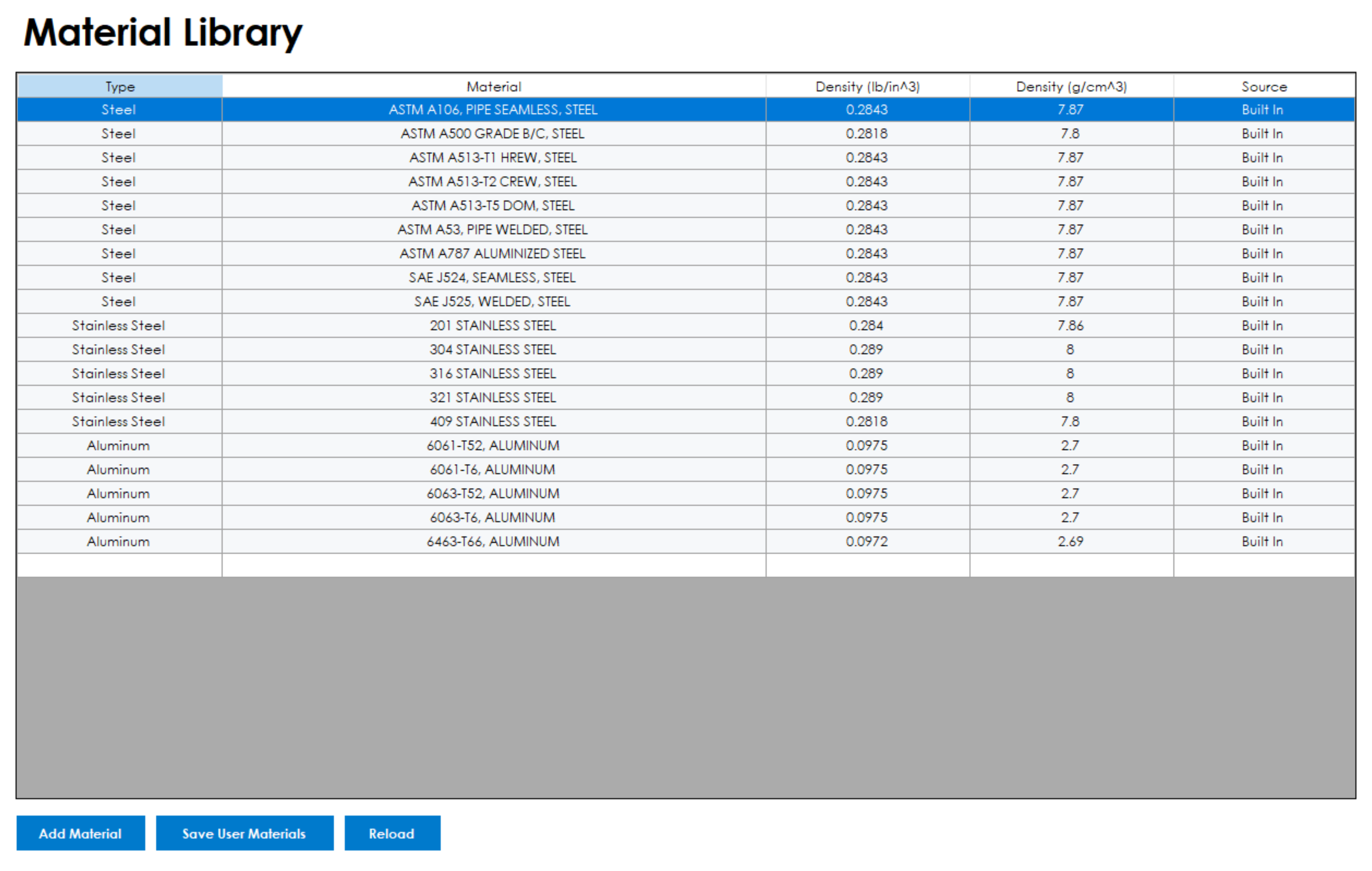 Material Library screen